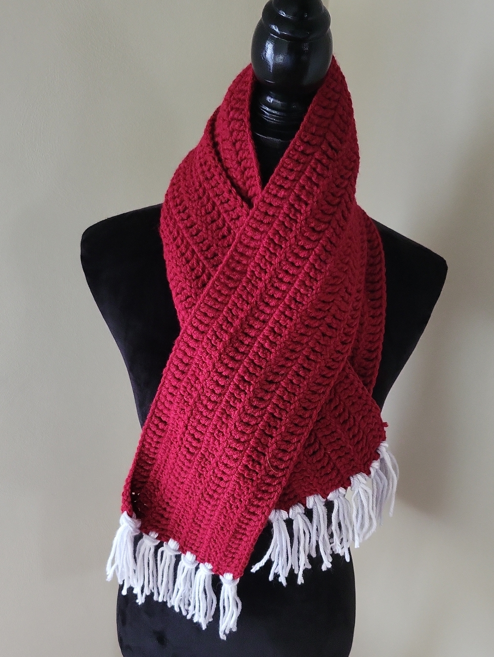 Cozy Red Crochet Scarf with White/Gray Fringe